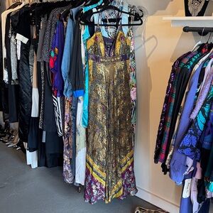 Nicole Miller Boho Silk Metallic Halter Maxi Dress in Purple & Gold